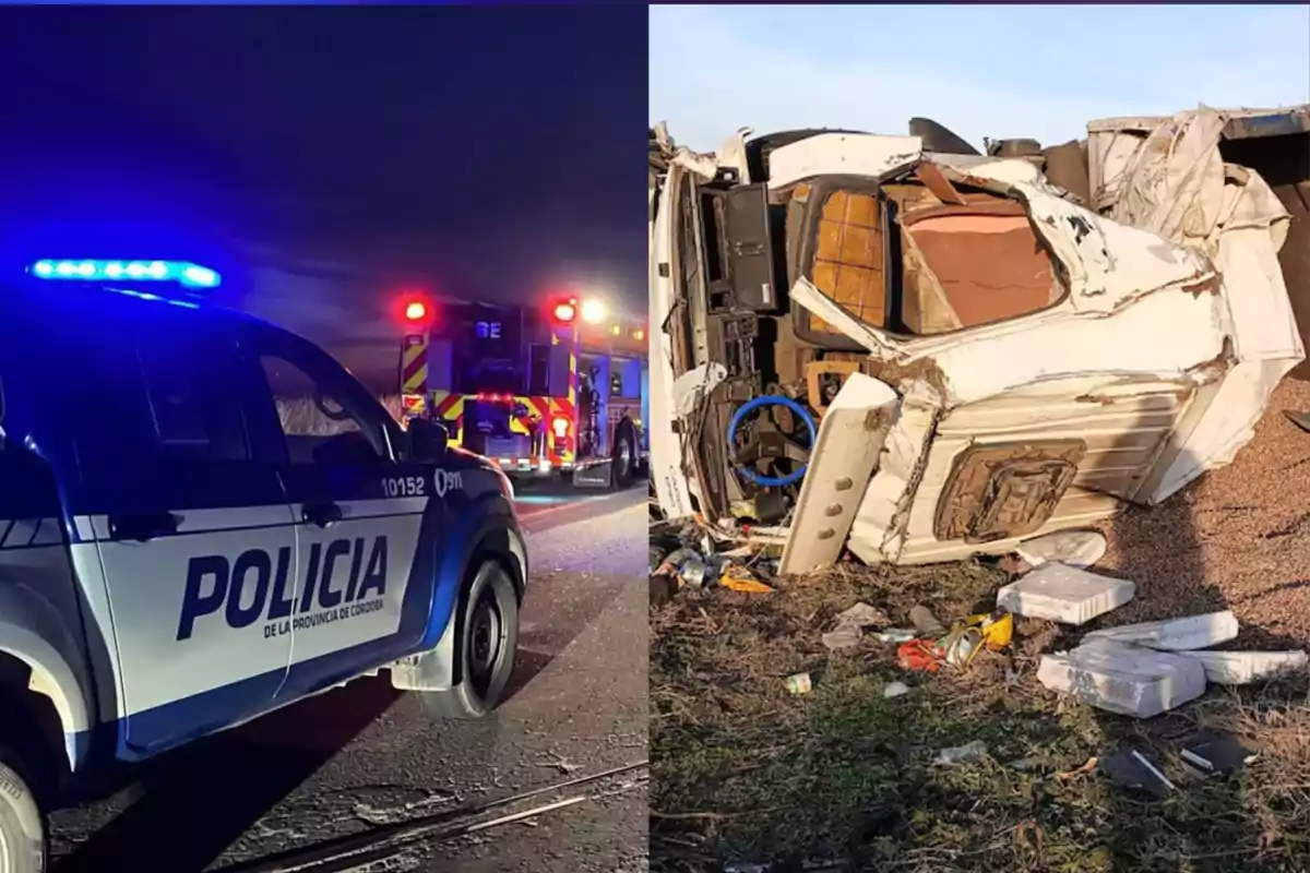 Patrulla policial y camión de bomberos en una carretera durante la noche junto a un camión volcado y dañado en el pasto durante el día