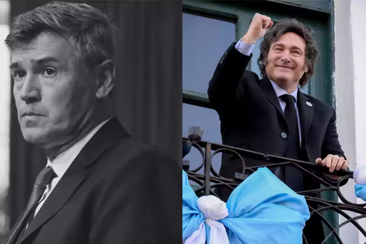 Dos hombres con traje, uno en una imagen en blanco y negro con expresión seria y otro en color levantando el puño y sonriendo desde un balcón decorado con cintas celestes y blancas