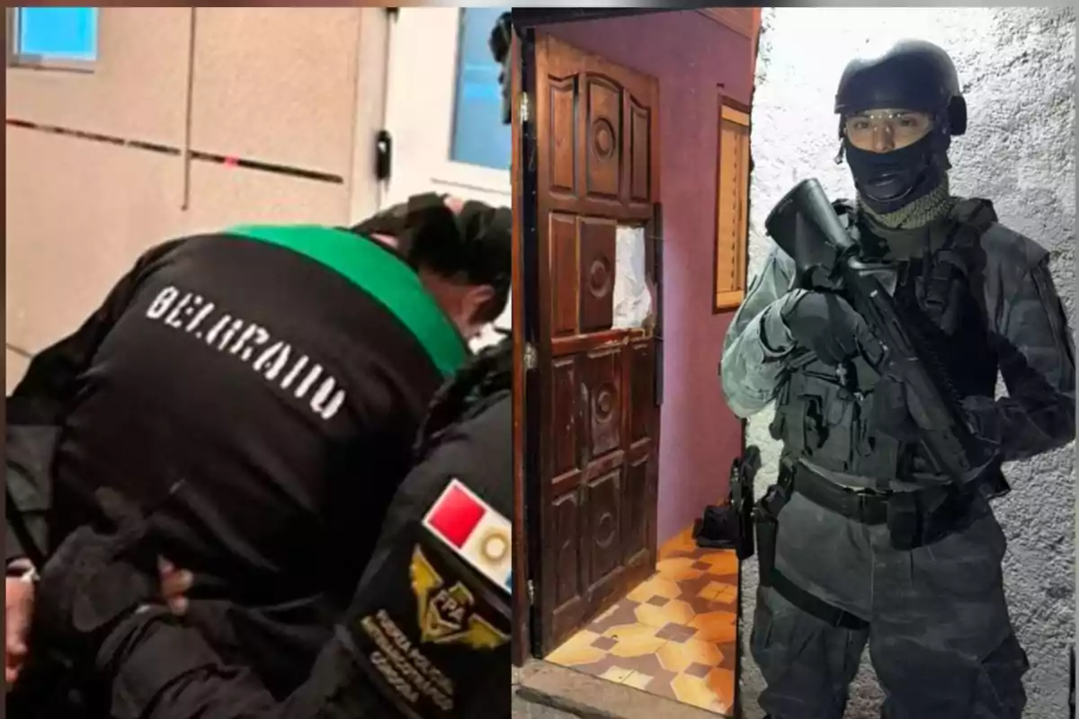 Dos imágenes muestran a agentes policiales peruanos durante un operativo, uno de ellos arrestando a una persona y otro portando equipo táctico frente a una puerta abierta.