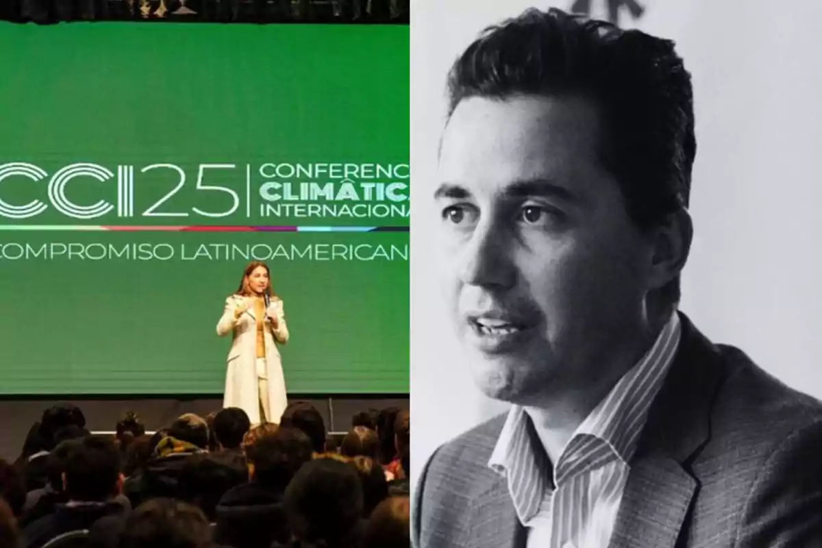A woman speaks on a stage in front of an audience with a green screen in the background displaying the text of an international climate conference, while on the right side appears a black-and-white portrait of a man wearing a jacket and jersey.