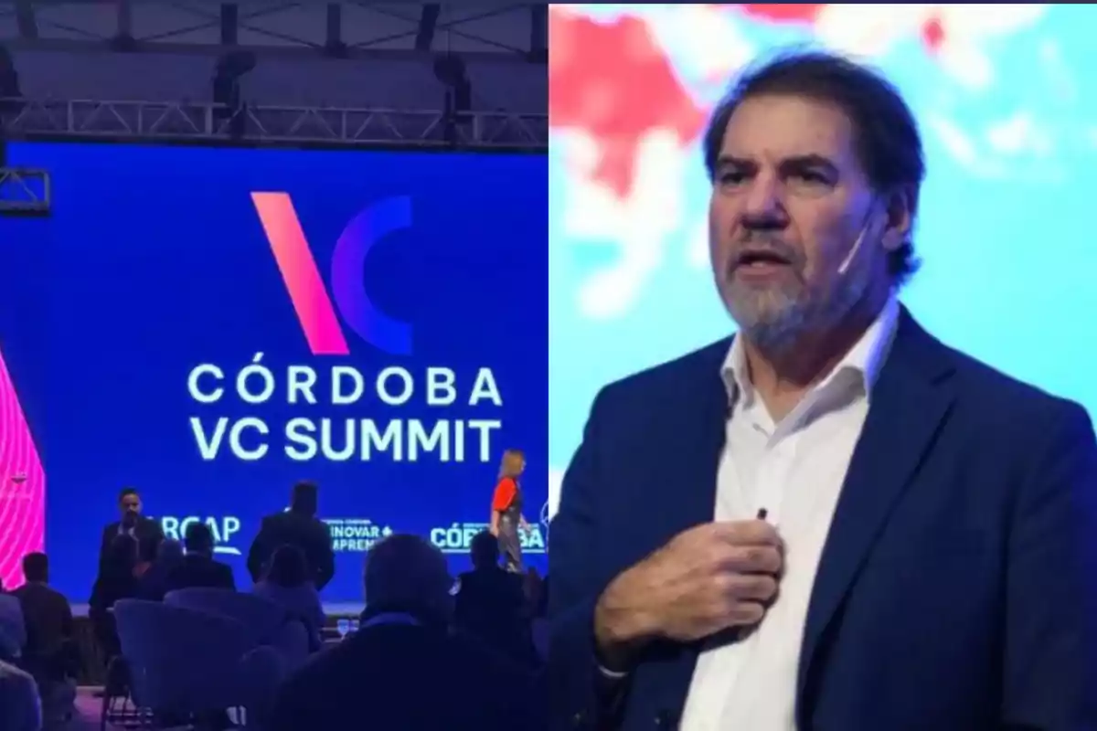 Un evento llamado Córdoba VC Summit con un orador en primer plano y una audiencia observando el escenario