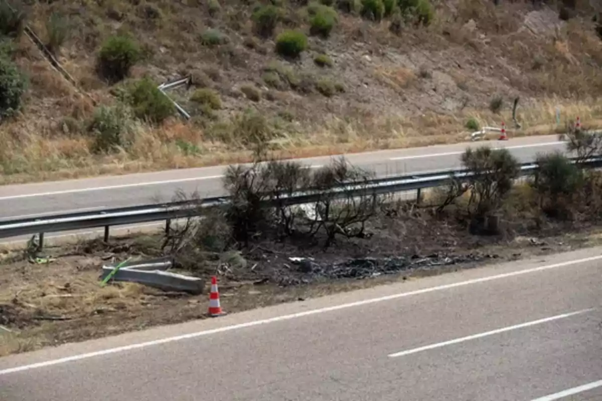 Zona de carretera con vegetación quemada y señales de tráfico dañadas, delimitada por conos naranjas Zona de carretera con vegetación quemada y señales de tráfico dañadas, delimitada por conos naranjas