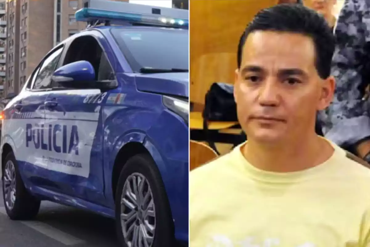 A police patrol car parked on the street next to the image of a man with short hair and a serious expression in an indoor setting.