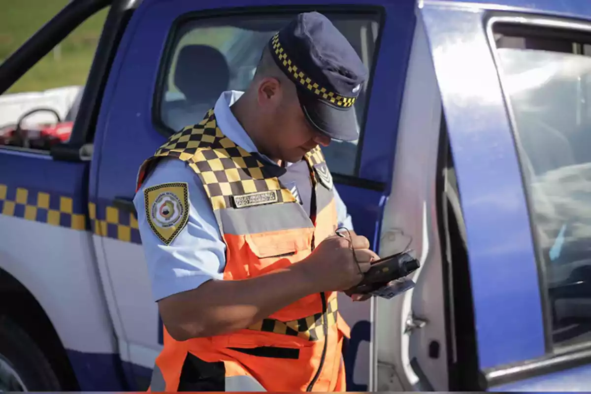 Traffic officer in uniform and orange vest writing in a notebook next to a blue patrol car