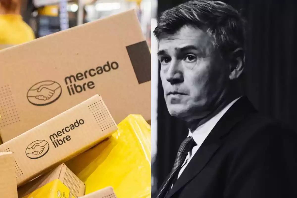 Mercado Libre boxes stacked next to a man in a suit in black and white