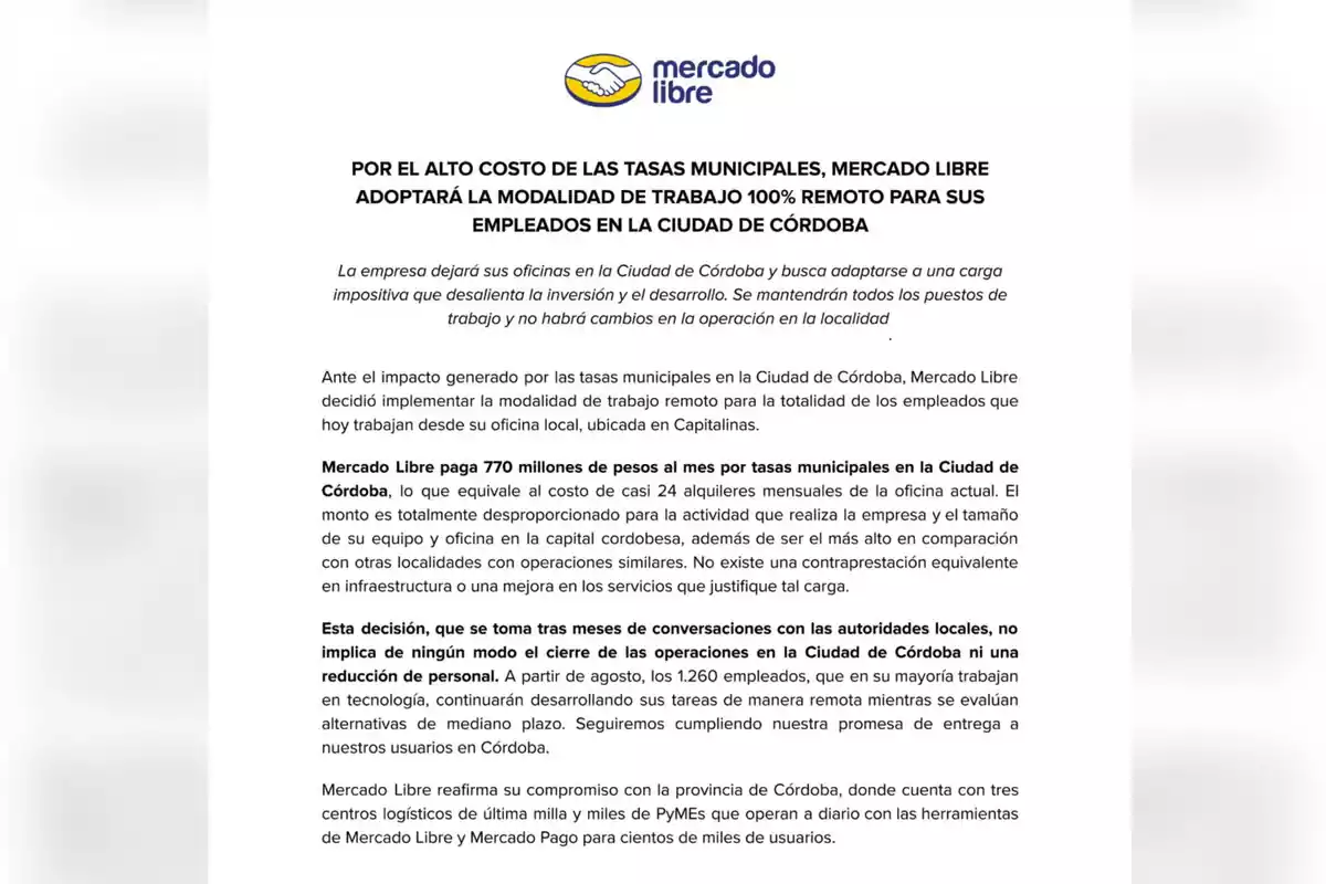 Official statement from Mercado Libre announcing that, due to the high cost of municipal taxes in Córdoba, the company will implement 100% remote work for its employees in that city, maintaining all positions and operations without changes. Official statement from Mercado Libre announcing that, due to the high cost of municipal taxes in Córdoba, the company will implement 100% remote work for its employees in that city, maintaining all positions and operations without changes.