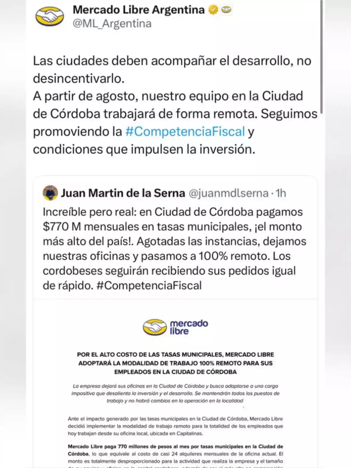 Mercado Libre Argentina announcement stating that, due to the high cost of municipal taxes in the city of Córdoba, their team will work remotely starting in August, promoting tax competition and conditions that encourage investment, accompanied by a message from Juan Martin de la Serna explaining that the company pays 770 million pesos per month in taxes and that employees will continue working as usual. Mercado Libre Argentina announcement stating that, due to the high cost of municipal taxes in the city of Córdoba, their team will work remotely starting in August, promoting tax competition and conditions that encourage investment, accompanied by a message from Juan Martin de la Serna explaining that the company pays 770 million pesos per month in taxes and that employees will continue working as usual.