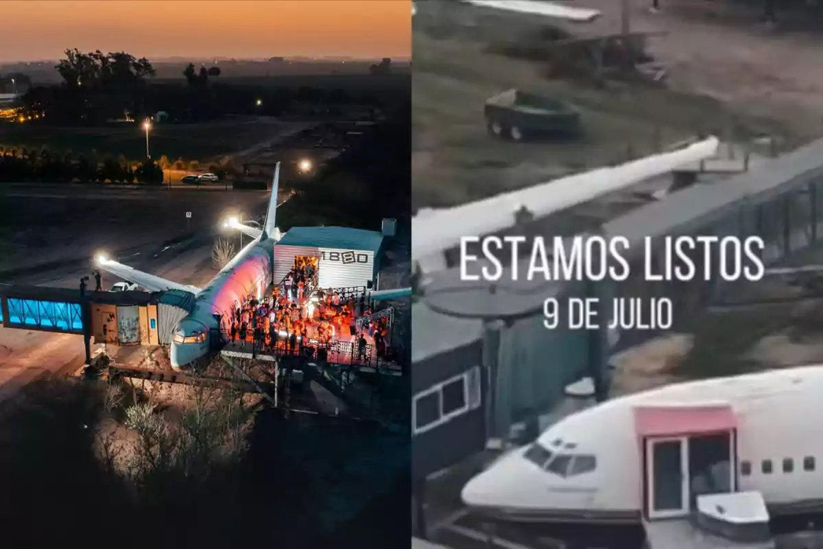 An airplane converted into a restaurant with a boarding walkway and people gathered at the entrance, next to a sign that says we’re ready July 9.