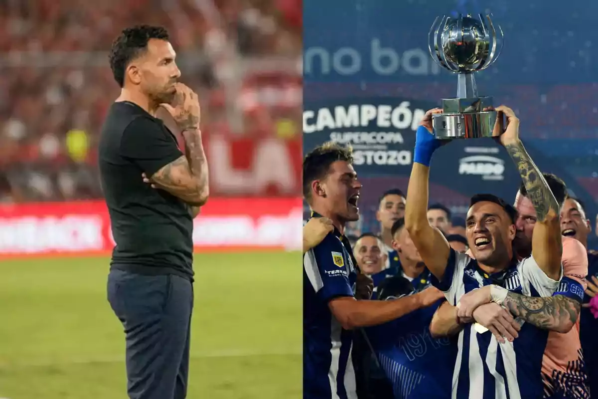 A thoughtful soccer coach on the field and a group of players celebrating with a trophy