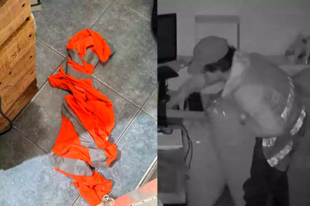 Un chaleco reflectante naranja tirado en el suelo junto a una imagen en blanco y negro de una persona usando un chaleco similar mientras revisa una mesa