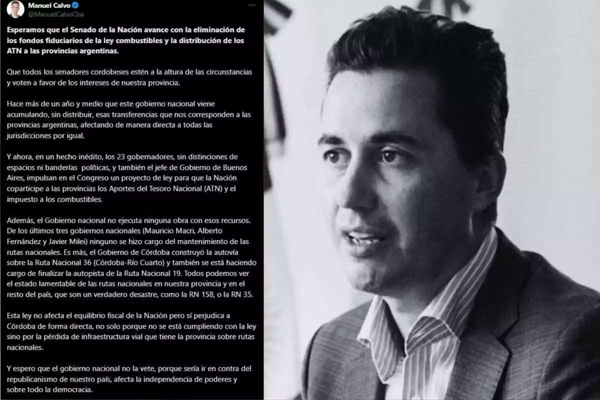 Publicación de Manuel Calvo con un mensaje sobre la distribución de fondos nacionales y una foto en blanco y negro de un hombre de traje mirando hacia la derecha.