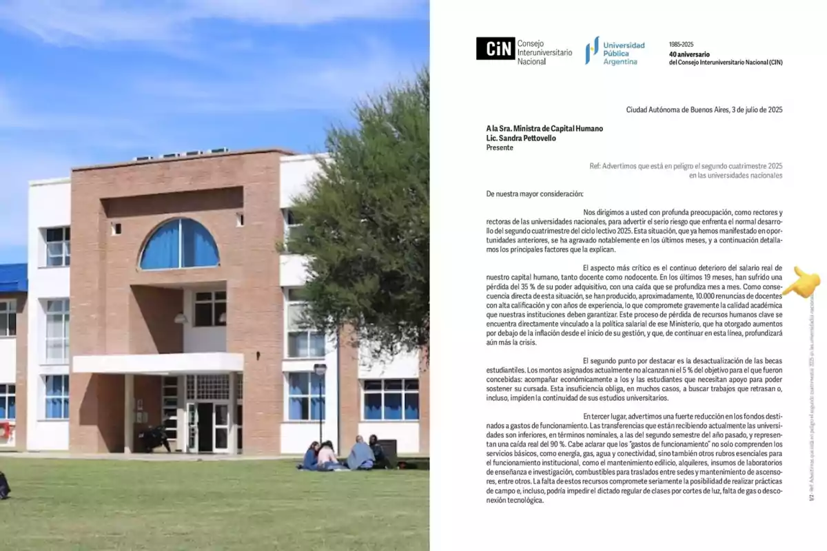 Edificio universitario moderno de ladrillo y ventanas grandes con césped al frente donde varias personas están sentadas, junto a una carta formal del Consejo Interuniversitario Nacional dirigida a la ministra de Capital Humano sobre la crisis en las universidades nacionales.