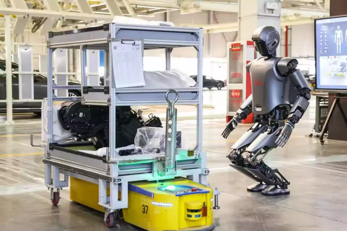 Un robot humanoide interactúa con un vehículo autónomo de transporte de materiales en una fábrica moderna Un robot humanoide interactúa con un vehículo autónomo de transporte de materiales en una fábrica moderna