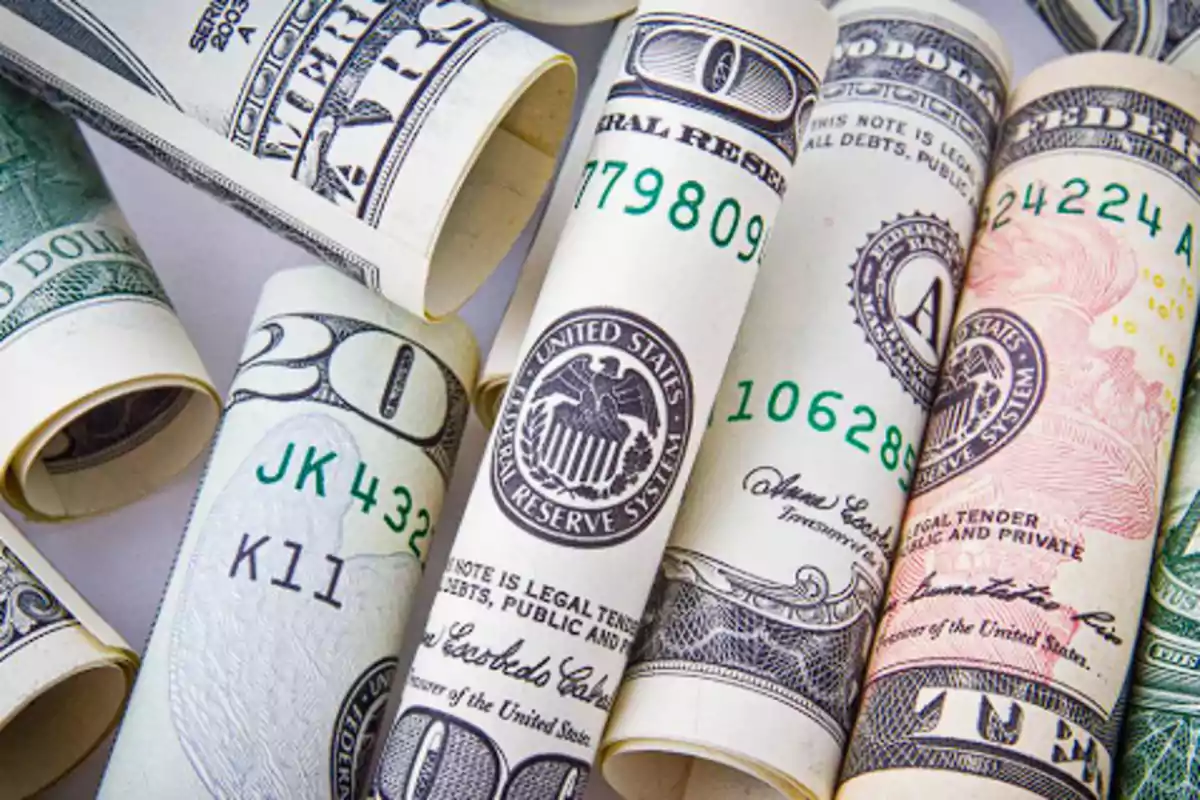 Varios billetes de dólar estadounidense enrollados y agrupados juntos
