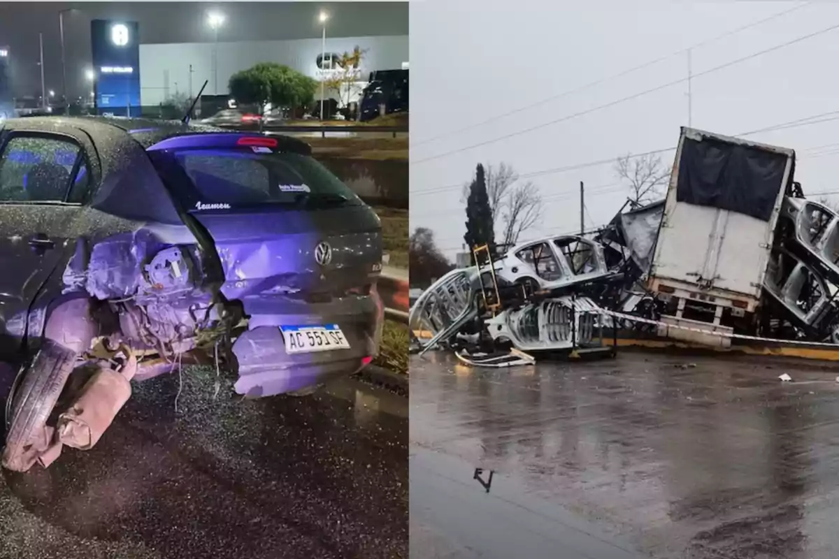 Dos vehículos involucrados en accidentes de tránsito, uno es un auto negro con daños severos en la parte trasera y el otro es un camión volcado con carrocerías de autos dispersas en el suelo mojado.