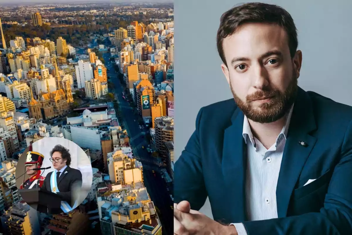 Aerial view of a city with buildings and a church; an inset shows a person giving a speech next to a guard, and on the right side there is a bearded man in a blue jacket looking at the camera.