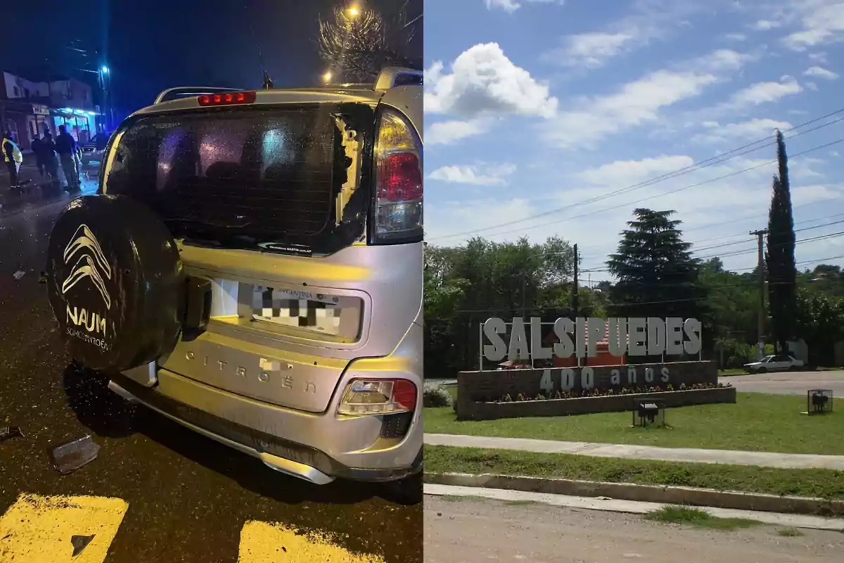 Un auto plateado con la luneta trasera rota en una calle de noche y un cartel de bienvenida a la ciudad de Salsipuedes durante el día.
