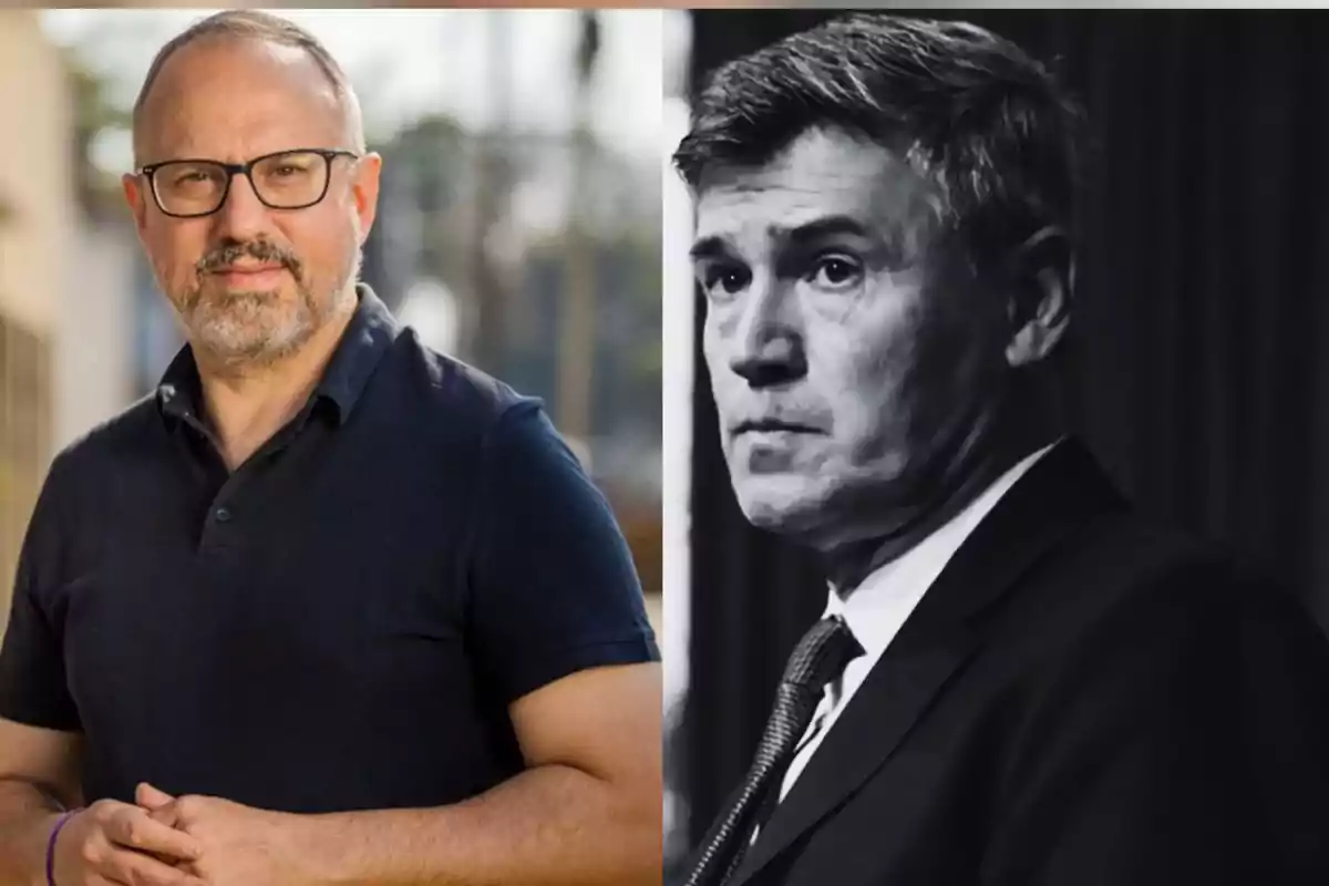 Dos hombres aparecen en la imagen uno viste ropa casual y gafas mientras que el otro lleva traje y corbata la foto está dividida en dos partes una a color y otra en blanco y negro