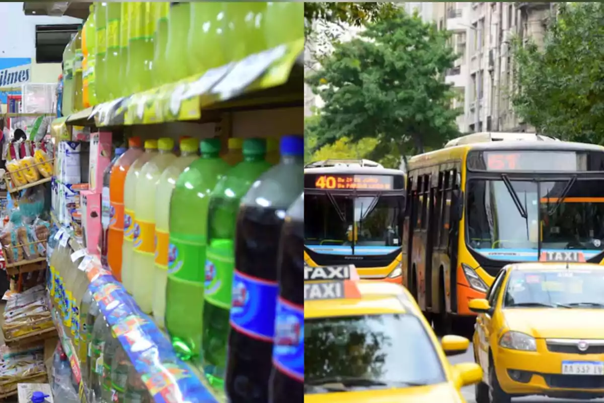 Estante de supermercado con botellas de bebidas y productos a la izquierda y tráfico de autobuses y taxis en una ciudad a la derecha