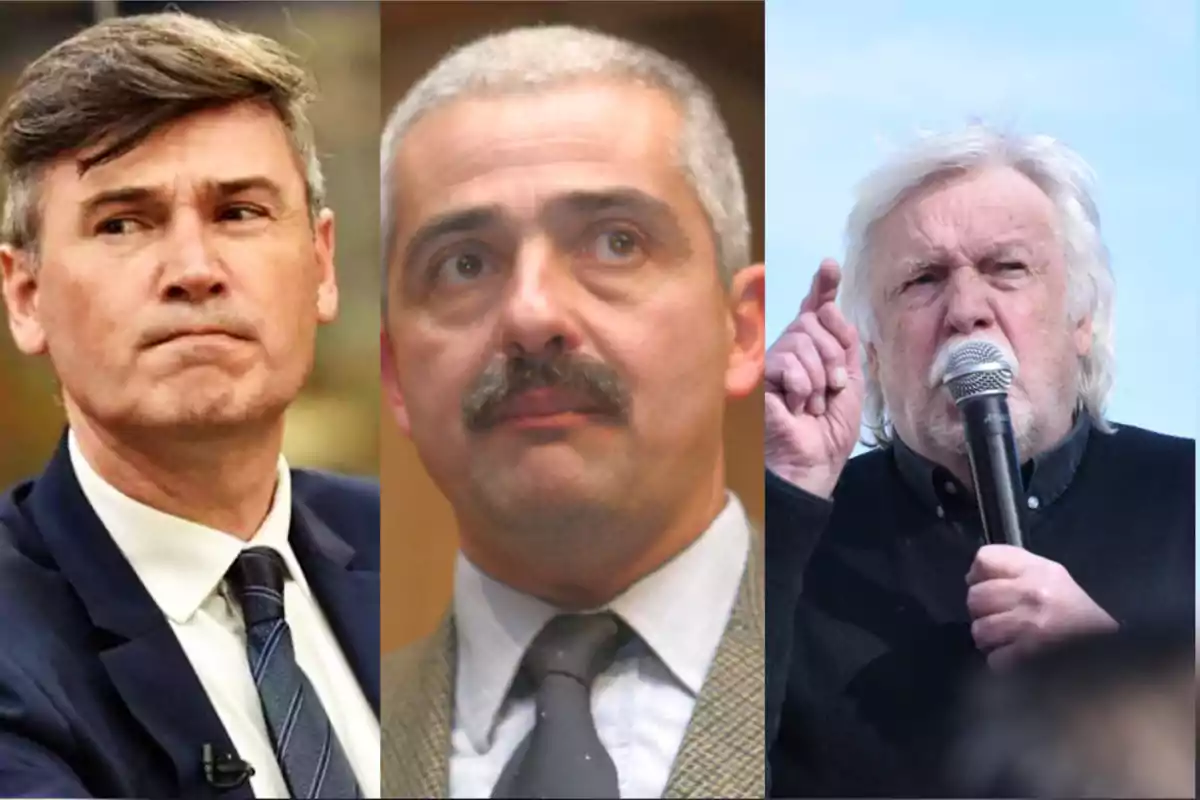 Three middle-aged men in the foreground, each with a serious facial expression: the first is wearing a suit and tie, the second has a mustache, and the third is holding a microphone and appears to be speaking in public.