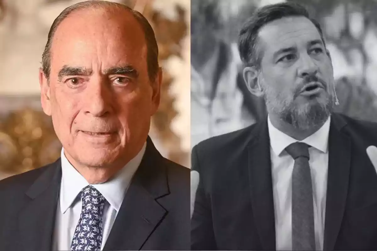 Two men in suits and ties, one of them in a color photo and the other in a black and white image