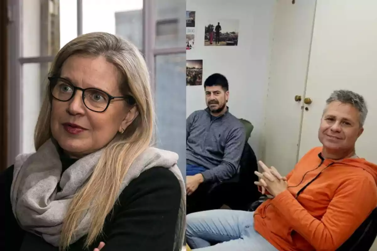 A blonde woman with glasses and a light scarf is sitting in front of a window, while in the other half of the image two men are sitting in an office, one wearing a gray sweater and the other an orange sweatjersey, both looking at the camera.