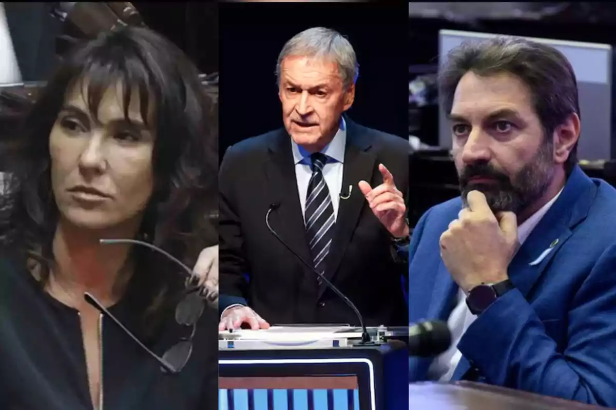 Tres personas en diferentes escenarios formales, dos de ellas sentadas y una de pie hablando en un podio