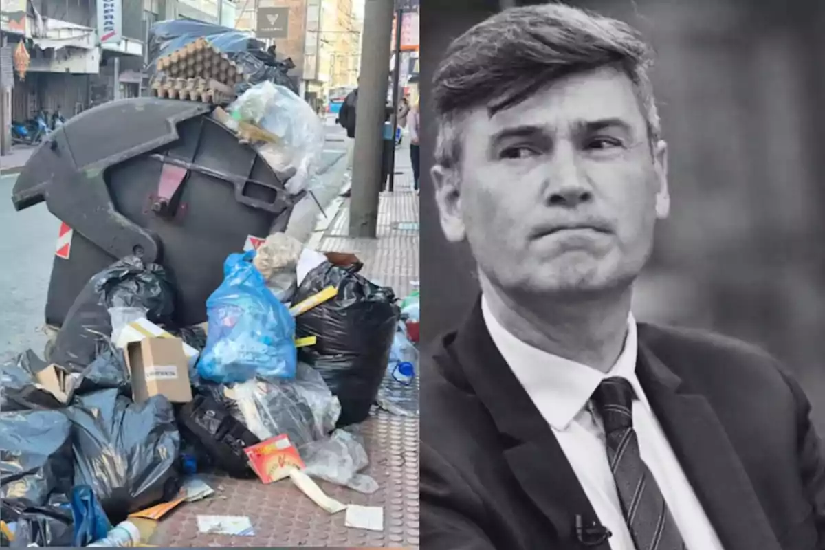 Un contenedor de basura desbordado en una calle y al lado la imagen en blanco y negro de un hombre con expresión seria.