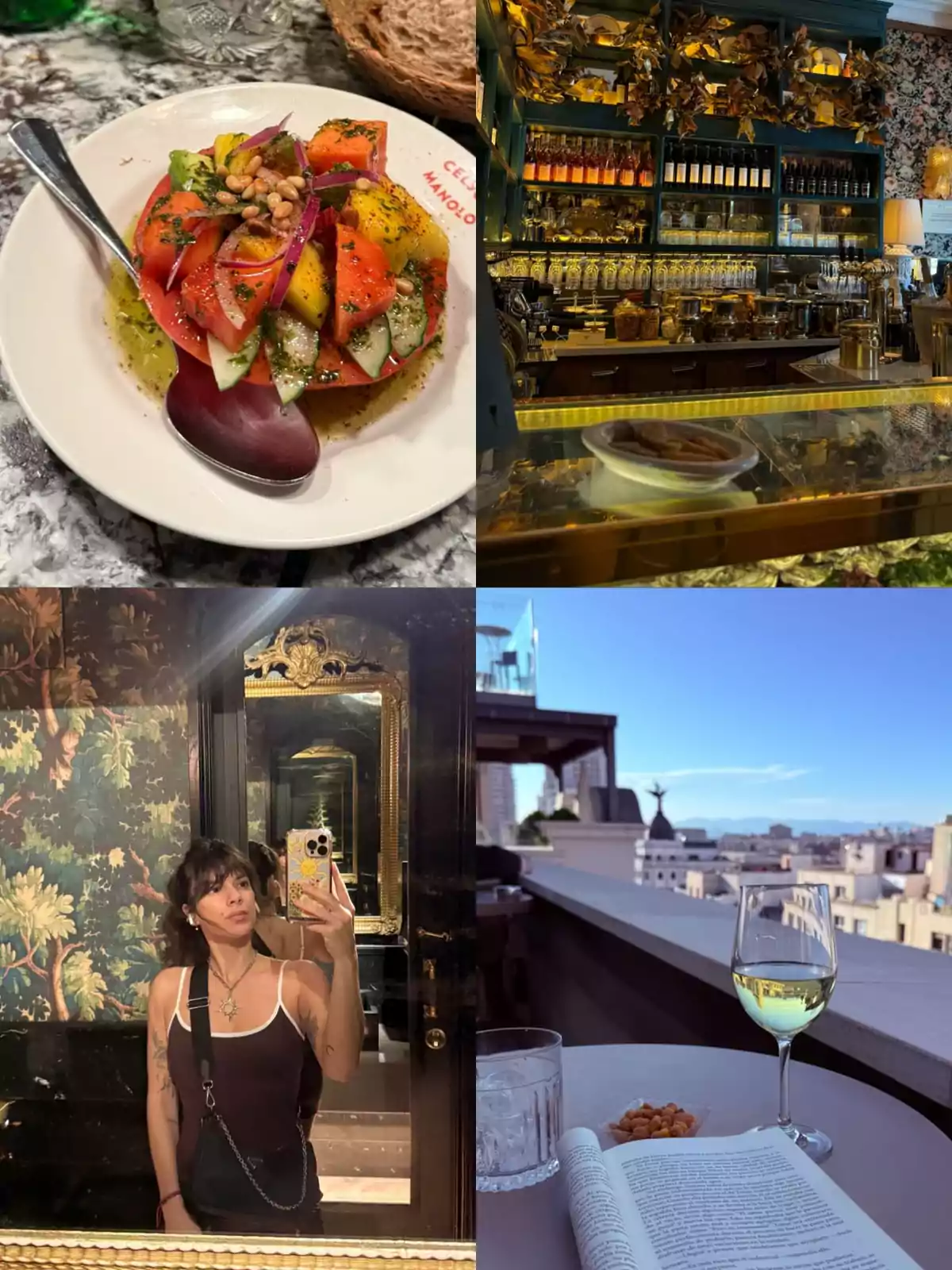Un plato de ensalada colorida, una barra de bar elegante, una mujer tomándose una selfie frente a un espejo decorado y una mesa en una terraza con una copa de vino, un vaso de agua, un libro abierto y una vista urbana al fondo Un plato de ensalada colorida, una barra de bar elegante, una mujer tomándose una selfie frente a un espejo decorado y una mesa en una terraza con una copa de vino, un vaso de agua, un libro abierto y una vista urbana al fondo