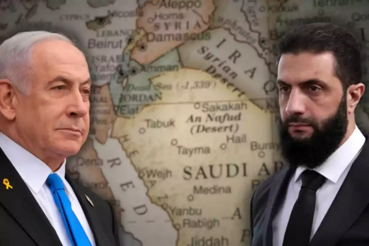 Dos hombres de traje mirándose frente a un mapa de Medio Oriente donde se distinguen países como Israel, Siria, Irak, Jordania y Arabia Saudita