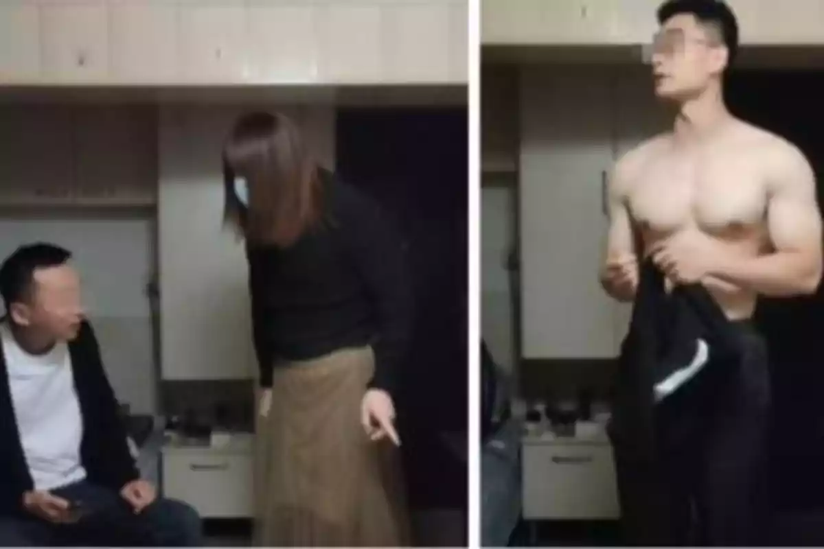 Two people argue in a kitchen while a third jerseyless person watches the scene. Two people argue in a kitchen while a third jerseyless person watches the scene.
