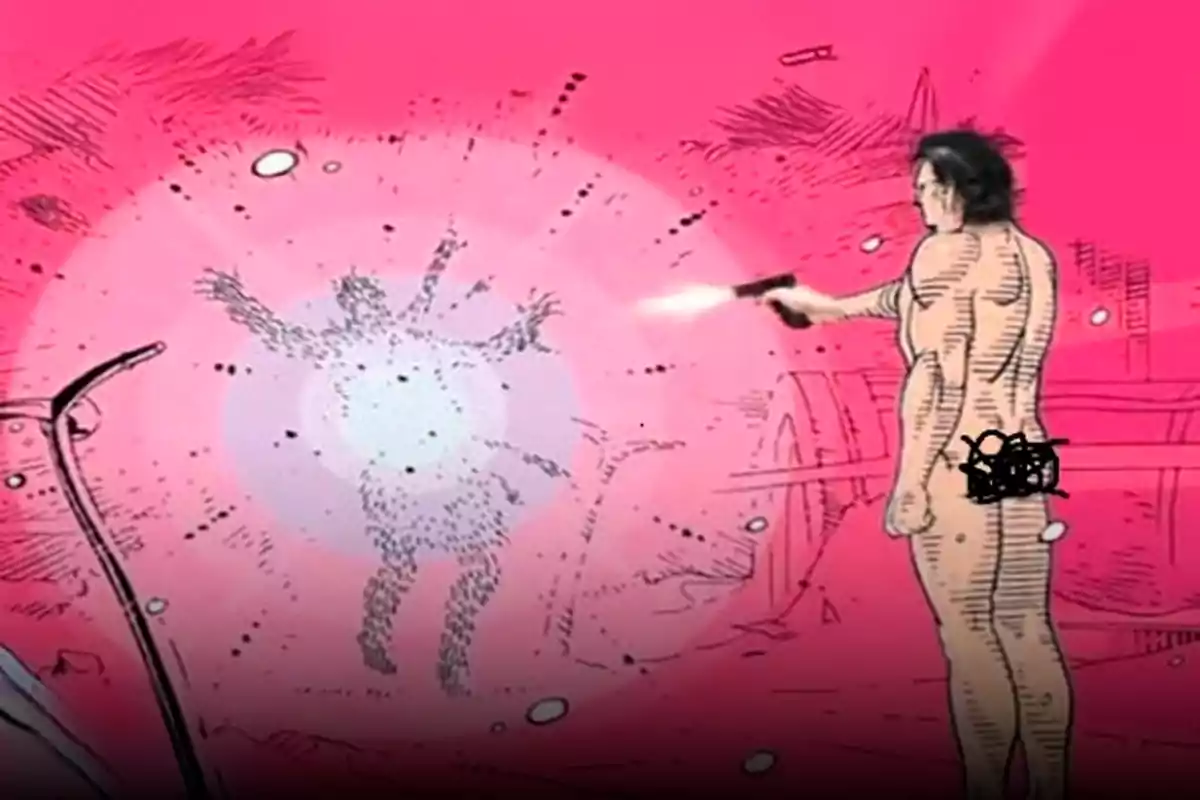 Ilustración de un hombre desnudo disparando una pistola hacia una figura humana que se desvanece en una explosión de luz rosa