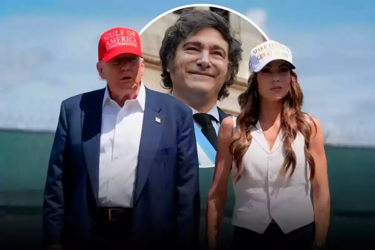 Dos personas con gorras y ropa formal están de pie al aire libre mientras al fondo aparece el rostro de un hombre sonriente en un círculo superpuesto.