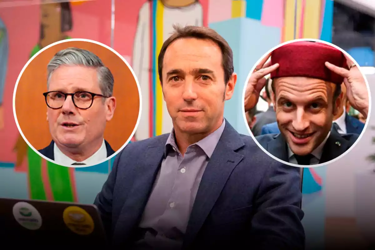 Three men appear in the image: one in the center wearing a blue jacket, and two in circles on the sides, one with glasses and the other with a red hat, against a colorful background.