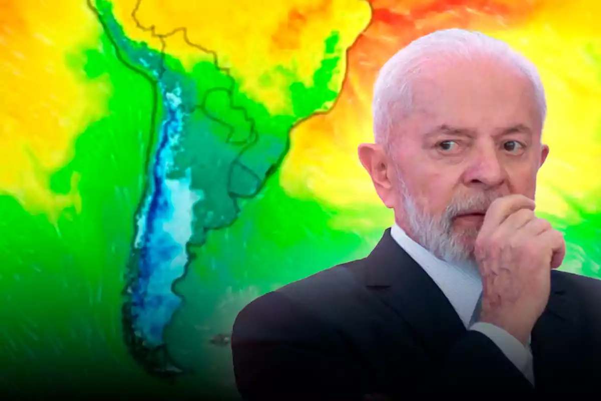 Hombre de cabello y barba blanca con expresión pensativa frente a un mapa de Sudamérica con colores que representan diferentes temperaturas