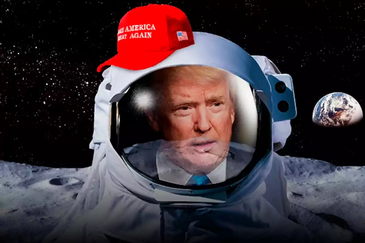 An astronaut on the moon with the face of a blond man reflected in the helmet and a red cap with white letters on top of the helmet, the Earth in the background in space.
