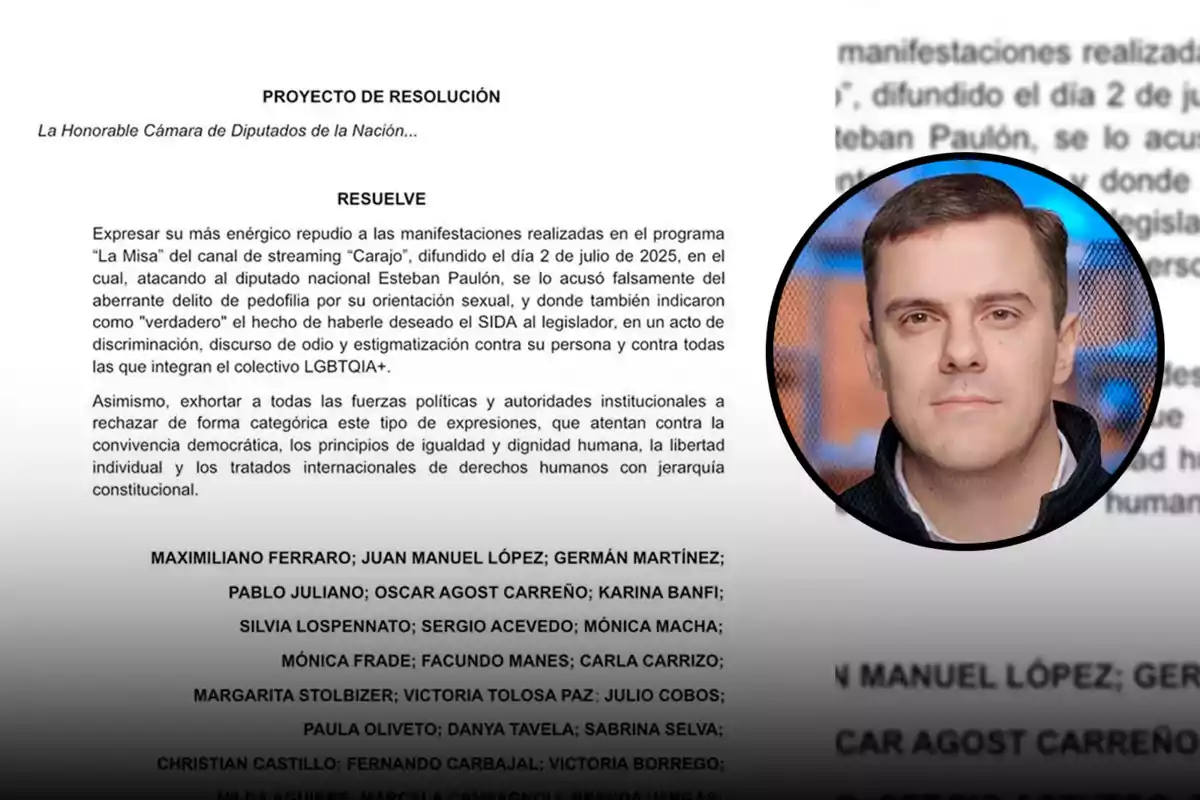 Documento de resolución de la Cámara de Diputados de la Nación Argentina repudiando expresiones de odio y discriminación contra Esteban Paulón, con una foto de un hombre de cabello corto en un círculo a la derecha