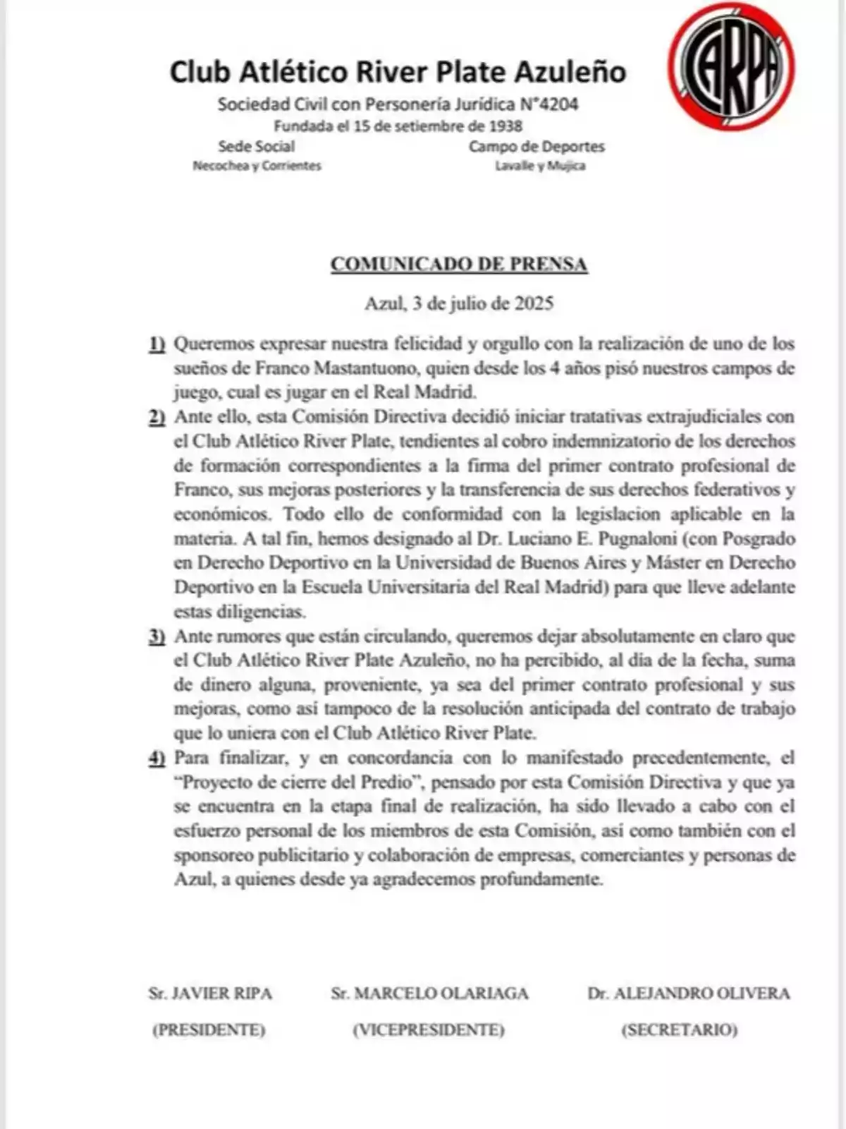 Press release from Club Atlético River Plate Azuleño expressing pride in Franco Mastantuono’s achievement, reporting on legal actions regarding training compensation rights, clarifying that no money has been received, and thanking supporters of the project to close the grounds. Press release from Club Atlético River Plate Azuleño expressing pride in Franco Mastantuono’s achievement, reporting on legal actions regarding training compensation rights, clarifying that no money has been received, and thanking supporters of the project to close the grounds.