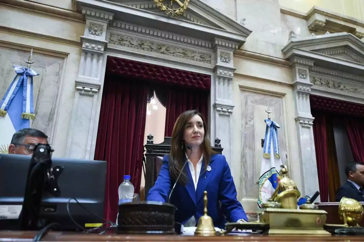 Mujer de cabello castaño con saco azul sentada en un escritorio en un recinto parlamentario con cortinas rojas y banderas argentinas al fondo