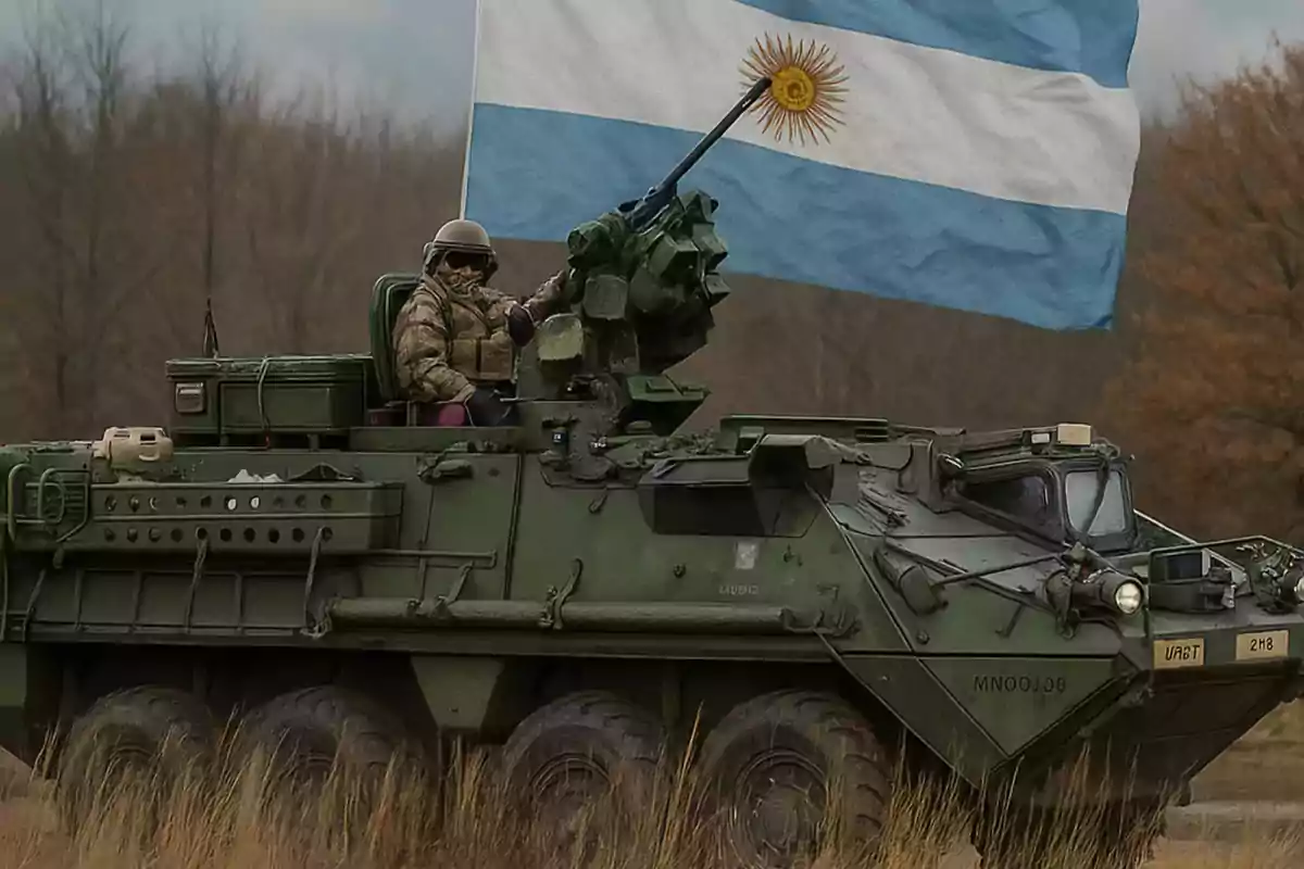 Vehículo blindado militar con un soldado a bordo y una gran bandera de Argentina ondeando en el fondo Vehículo blindado militar con un soldado a bordo y una gran bandera de Argentina ondeando en el fondo