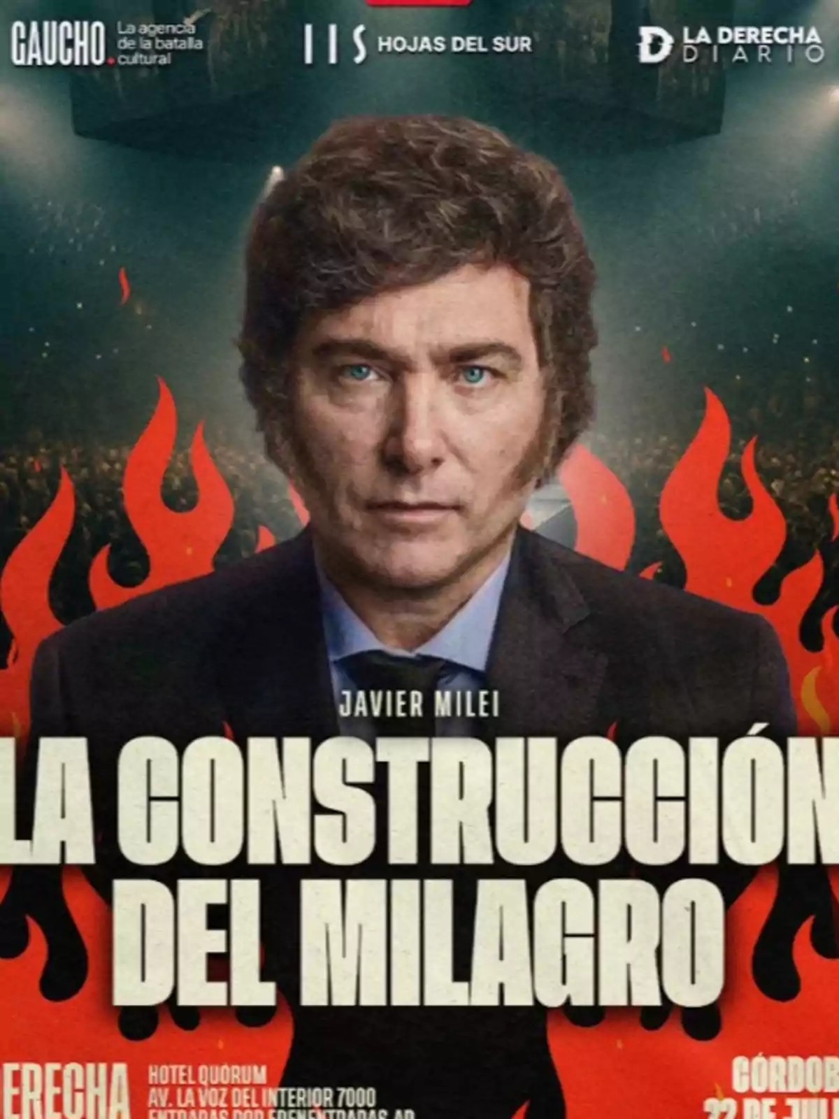 Promotional poster featuring a man with curly hair and light-colored eyes in the center, surrounded by red flames and a dark background, with the text Promotional poster featuring a man with curly hair and light-colored eyes in the center, surrounded by red flames and a dark background, with the text