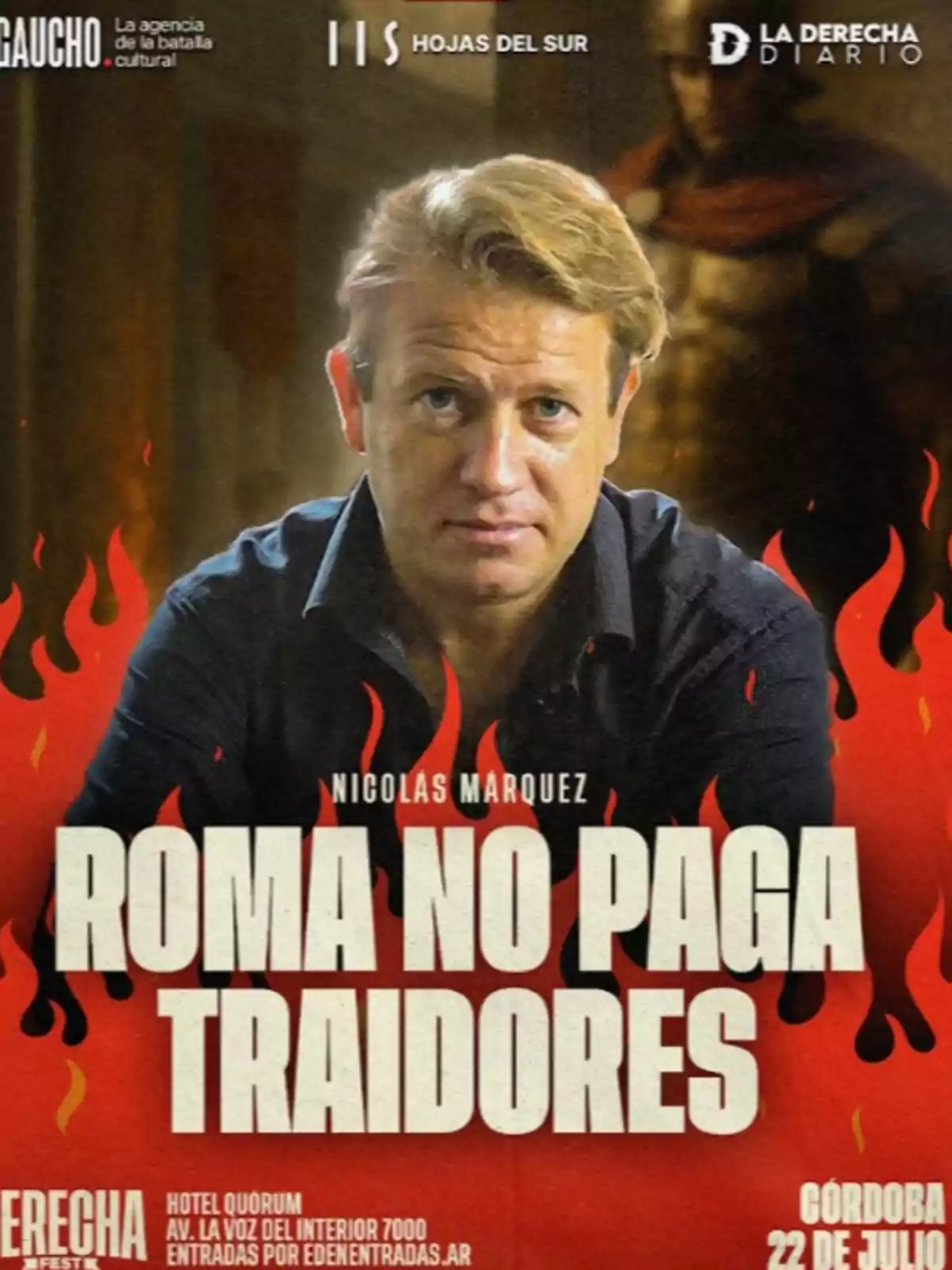 Promotional poster featuring a blond-haired man in the center, surrounded by flames, with the text Promotional poster featuring a blond-haired man in the center, surrounded by flames, with the text