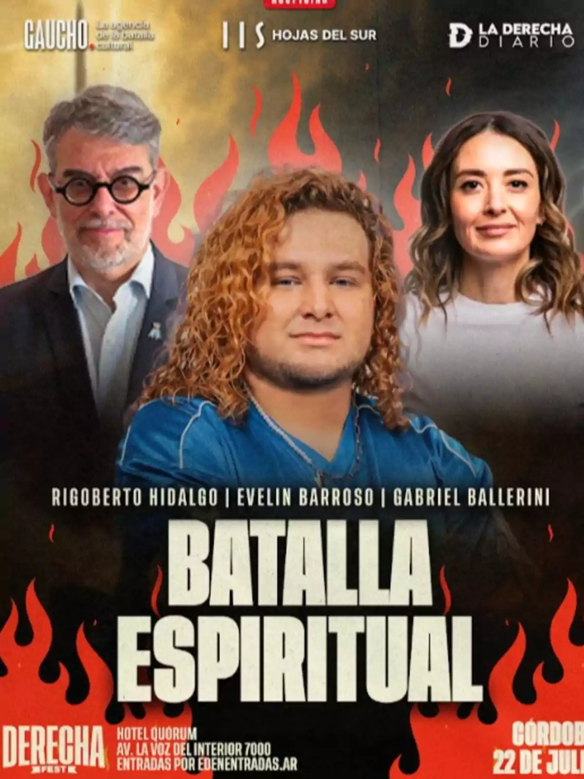 Three people pose in front of a dark background with red flames and promotional text for an event called Spiritual Battle in Córdoba on July 22. Three people pose in front of a dark background with red flames and promotional text for an event called Spiritual Battle in Córdoba on July 22.