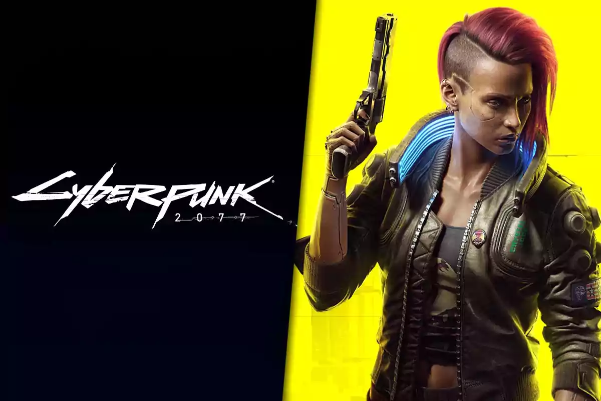Portada del videojuego Cyberpunk 2077 con un personaje de cabello rosa sosteniendo una pistola y fondo amarillo