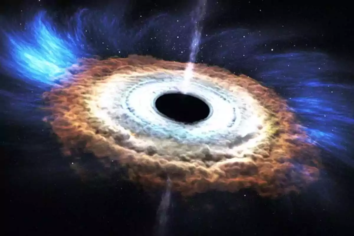 Illustration of a black hole in space with a bright accretion disk and jets of energy coming out of its poles Illustration of a black hole in space with a bright accretion disk and jets of energy coming out of its poles