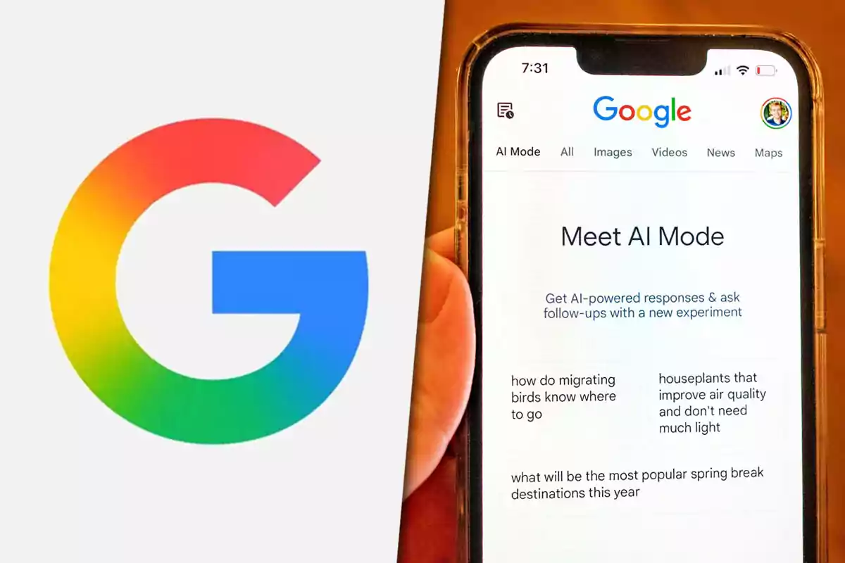 Logo de Google a la izquierda y un teléfono móvil a la derecha mostrando la función Meet AI Mode en la página de inicio de Google