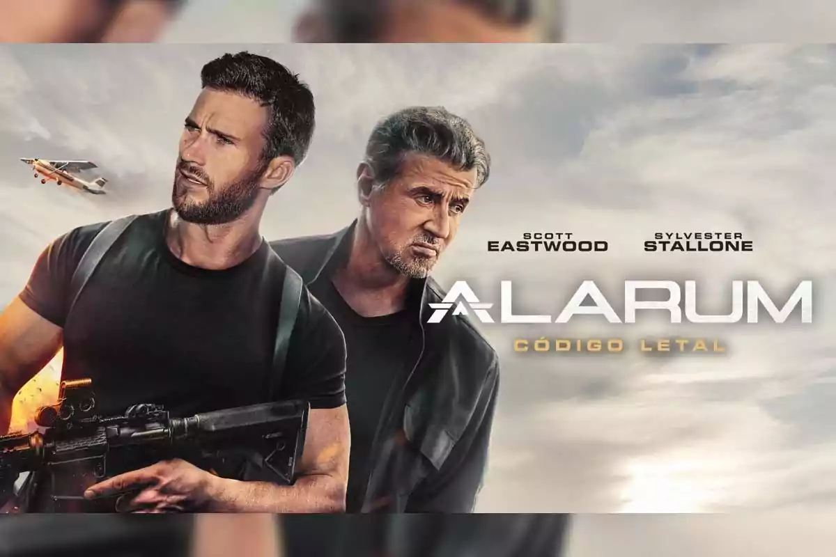Two armed men with serious expressions appear on an action movie poster with a plane flying in the background and the title Two armed men with serious expressions appear on an action movie poster with a plane flying in the background and the title
