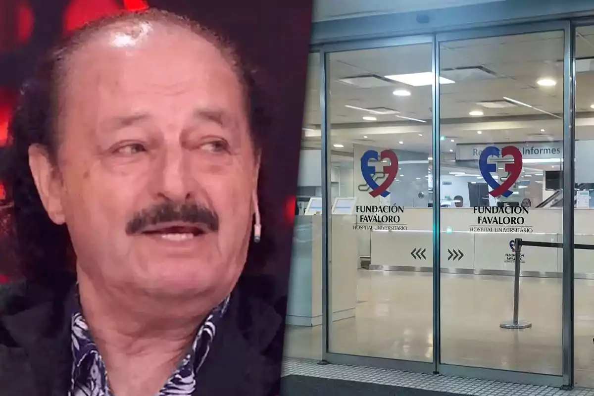 Un hombre de cabello largo y bigote aparece a la izquierda, mientras que a la derecha se ve la entrada de un hospital con el logo de la Fundación Favaloro.