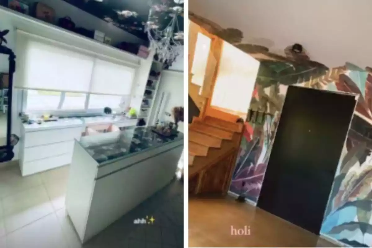 Dos imágenes muestran interiores de una casa, la primera es un espacio luminoso con escritorio blanco, cajoneras y una lámpara de araña, la segunda es una entrada con escaleras de madera y una pared decorada con un mural colorido de hojas. Dos imágenes muestran interiores de una casa, la primera es un espacio luminoso con escritorio blanco, cajoneras y una lámpara de araña, la segunda es una entrada con escaleras de madera y una pared decorada con un mural colorido de hojas.