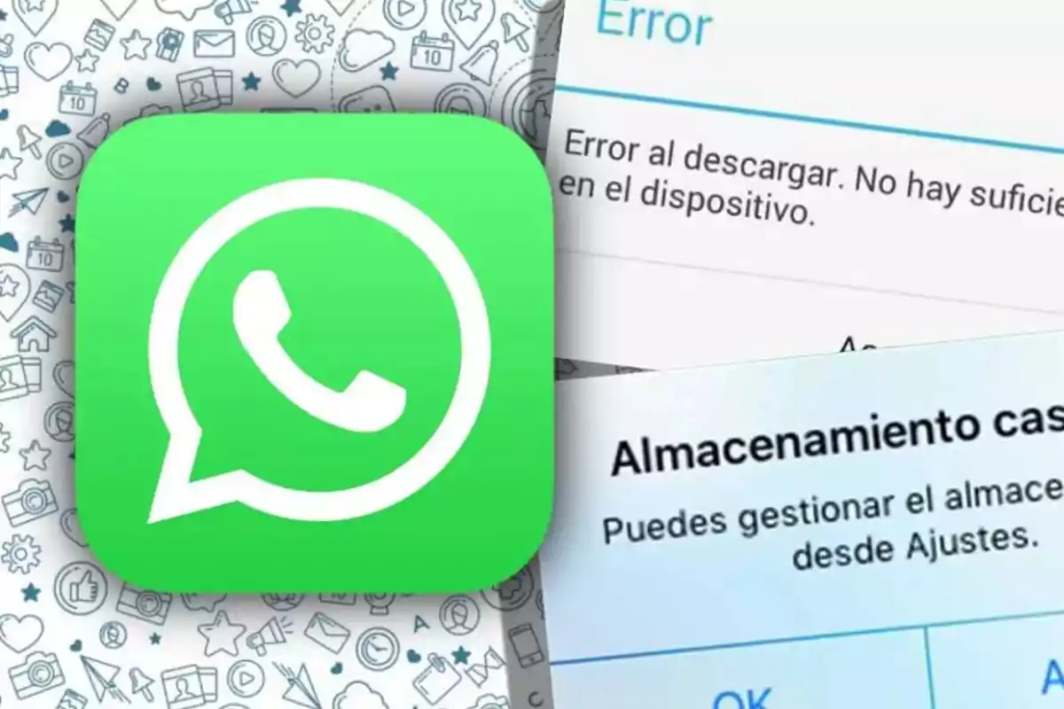WhatsApp logo next to error messages related to full storage on a mobile device WhatsApp logo next to error messages related to full storage on a mobile device